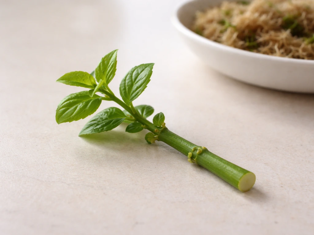 Close-up of a fresh plant stem tip cutting with new growth, leaf nodes, and a trimmed rooting end.