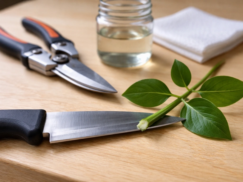 Sterilized pruning shears and knife on a wooden bench while a green cutting is trimmed cleanly.
