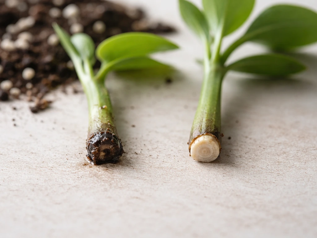 Two plant cuttings side-by-side: one rotting base, one firm callused base.