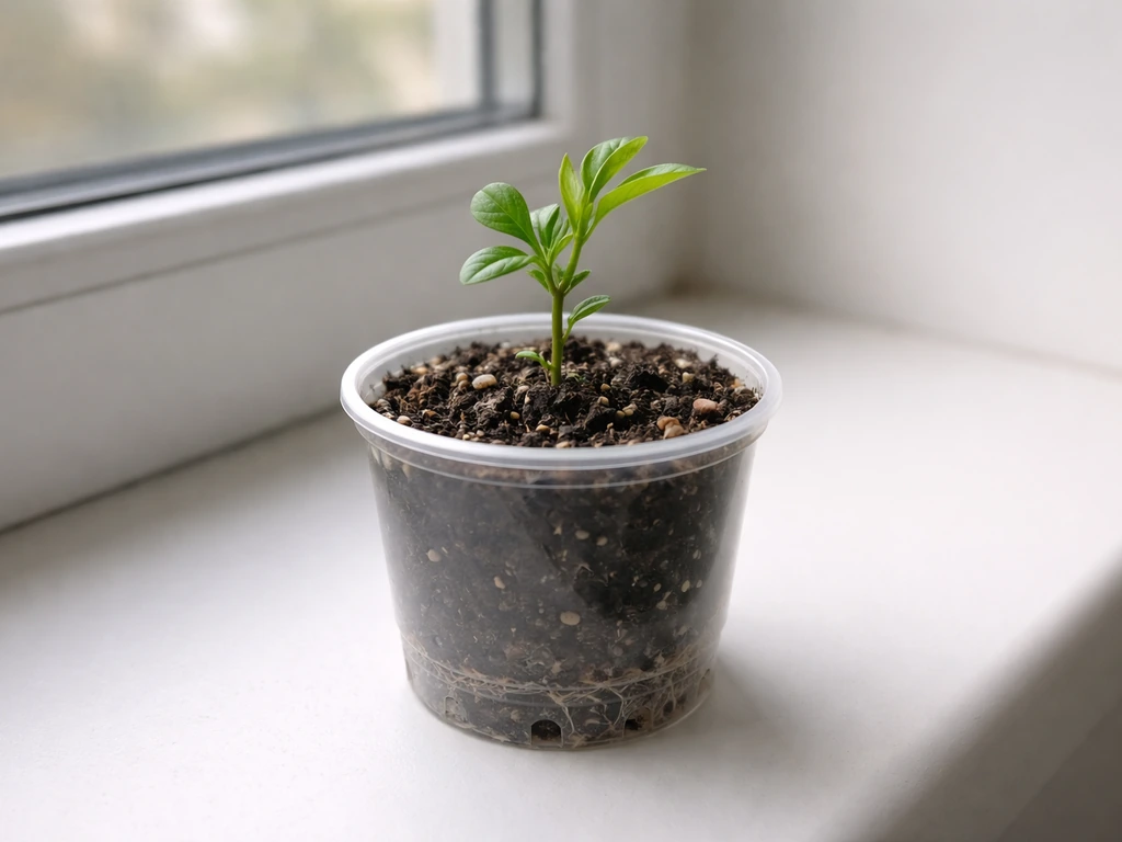 Rooted plant cutting being potted in a small pot with drainage, showing early fresh green growth.