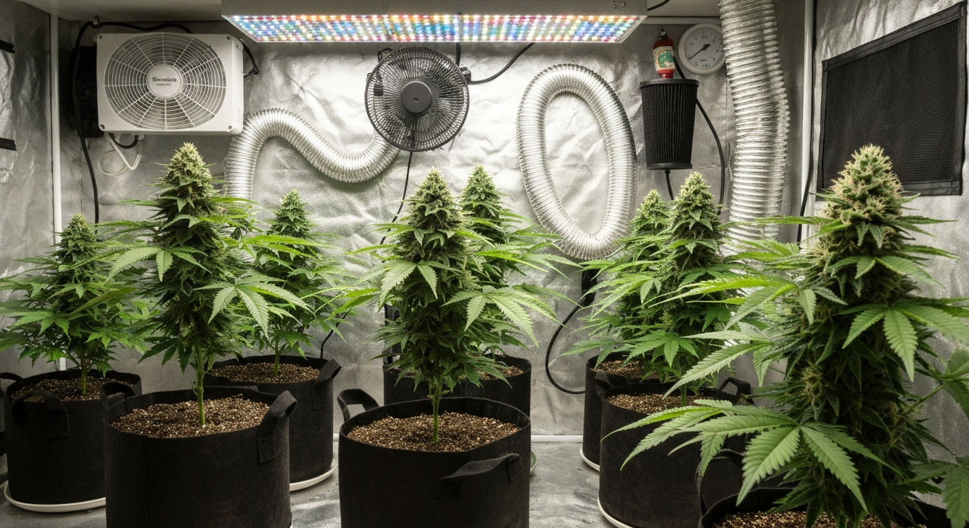 Indoor grow tent with cannabis plants under full-spectrum LED, fan, and hygrometer.