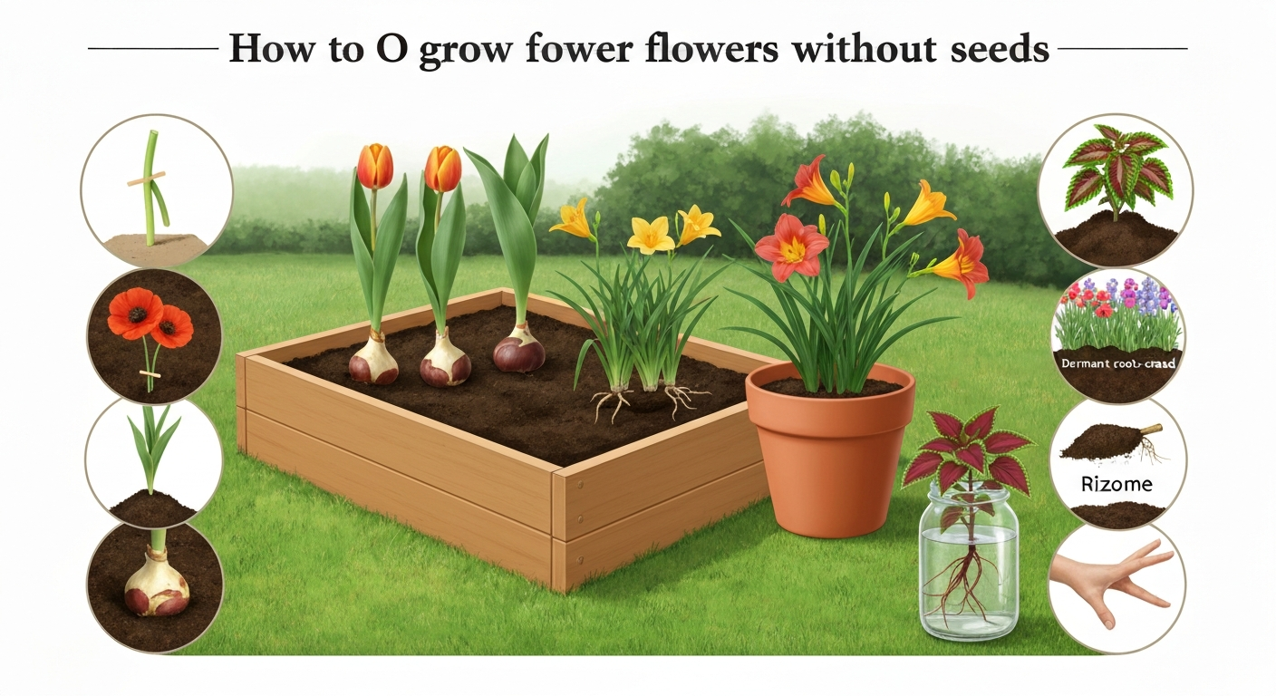 Illustration showing multiple non-seed flower propagation methods: bulbs, division, nursery transplant, and a cutting rooting in water, arranged as an inviting garden-scene header.