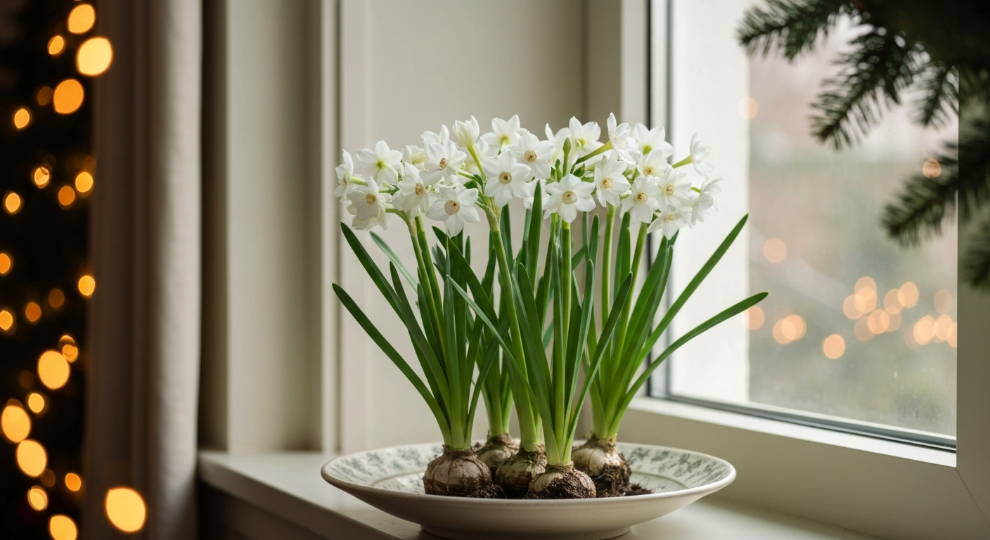 Cluster of blooming white paperwhites in a decorative bowl on a windowsill with out-of-focus Christmas lights and evergreen garland in the background.