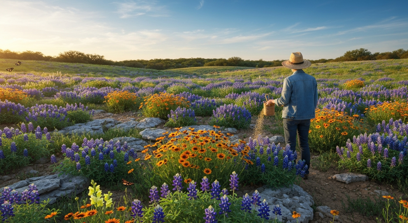 Wide-angle view of a Texas wildflower meadow with diverse native flowers and a gardener broadcasting seed.