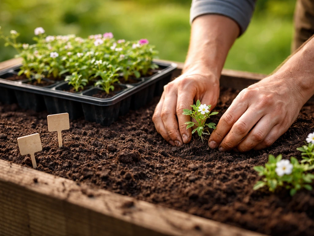 Gardener planting flower seedlings from a tray into soil, with early blooms in a simple raised bed.