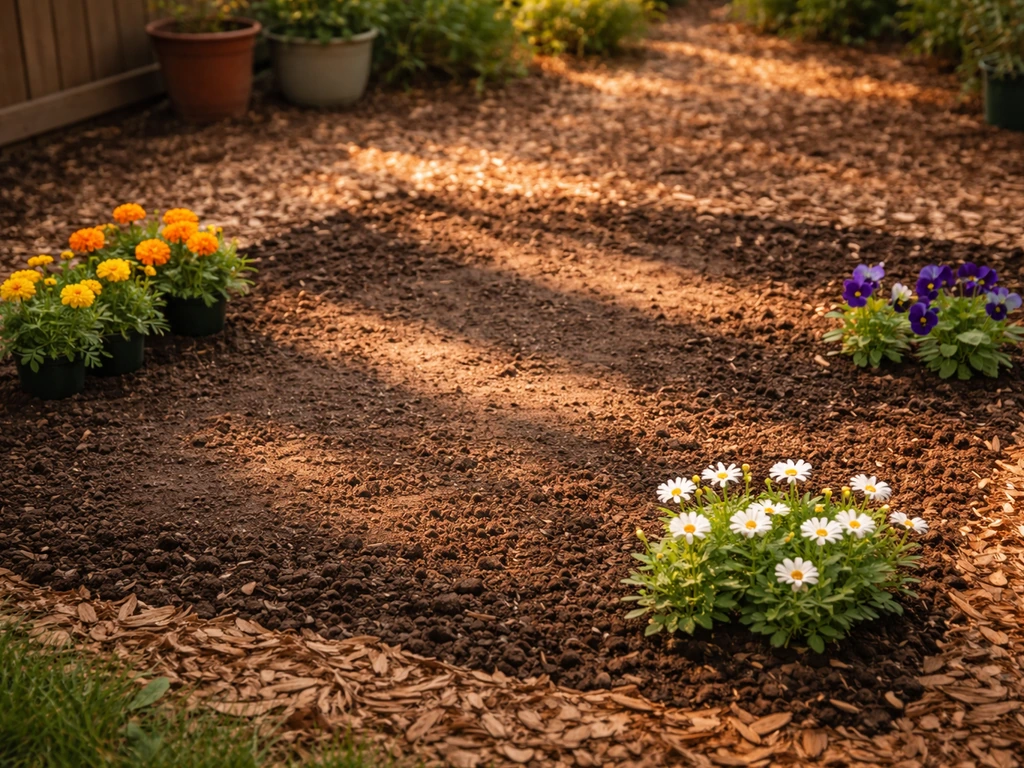 Sunlit and shaded planting patch with marigolds, daisies, and pansies for choosing flowers by light.
