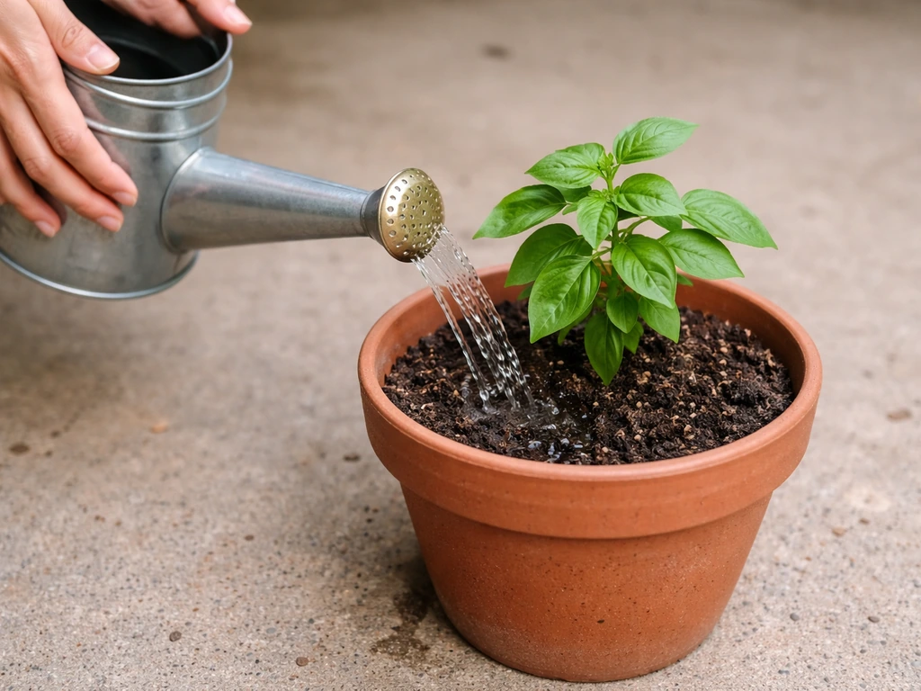 Watering a potted plant at the base with a slow-flow watering can, soil soaking up moisture.