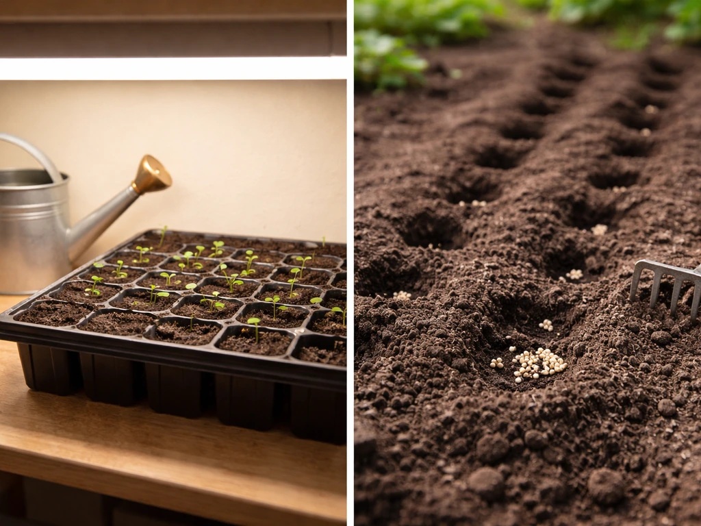 Split scene of indoor seed trays under grow light and outdoor soil with freshly sown seeds