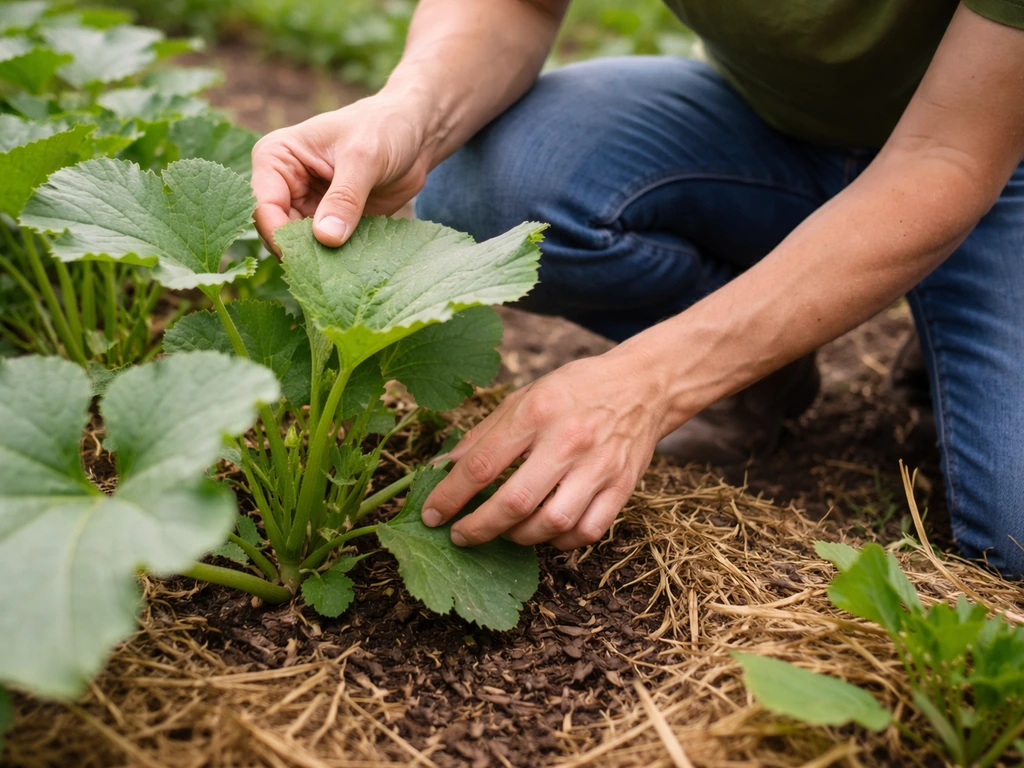 Gardener inspecting plant leaves and stems and adjusting airflow by clearing space around plants to prevent mildew.
