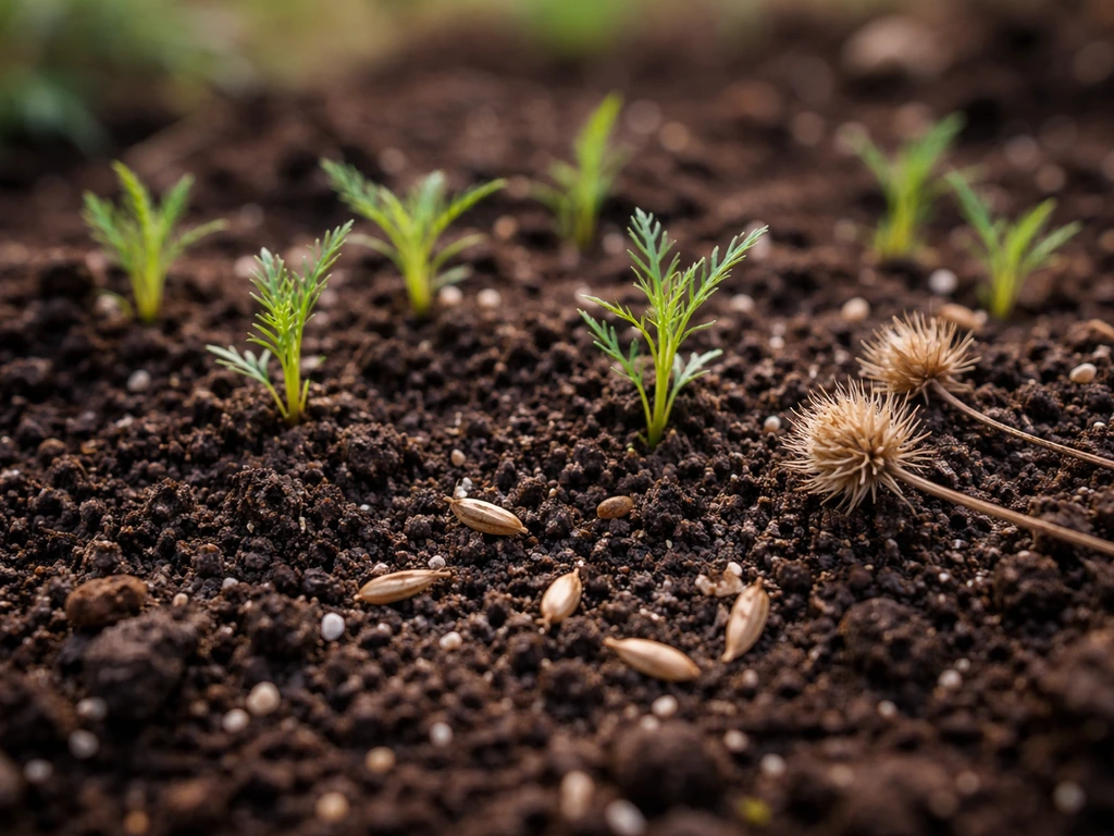 Close-up of bachelor button seeds and tiny seedlings in dark garden soil, showing early growth.