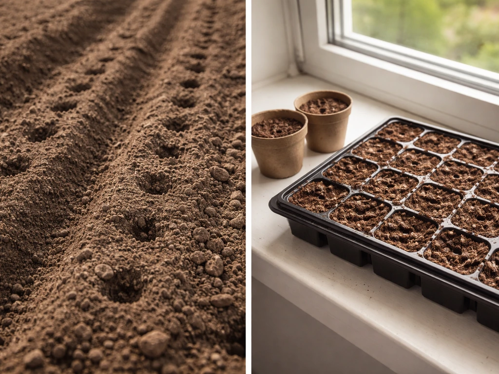 Side-by-side seeds started outdoors in furrows and seeds set indoors in small containers.