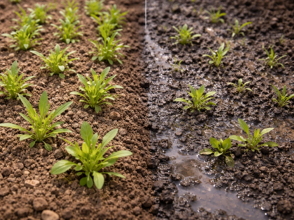 Close-up of bachelor button seedlings in well-drained soil beside a dark waterlogged patch.