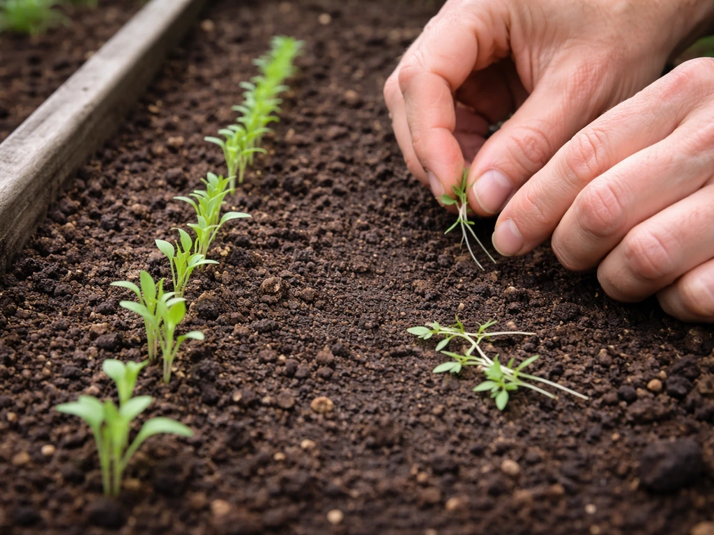 Gardener’s hands thinning young bachelor’s button seedlings in a row, removed sprouts on nearby soil.
