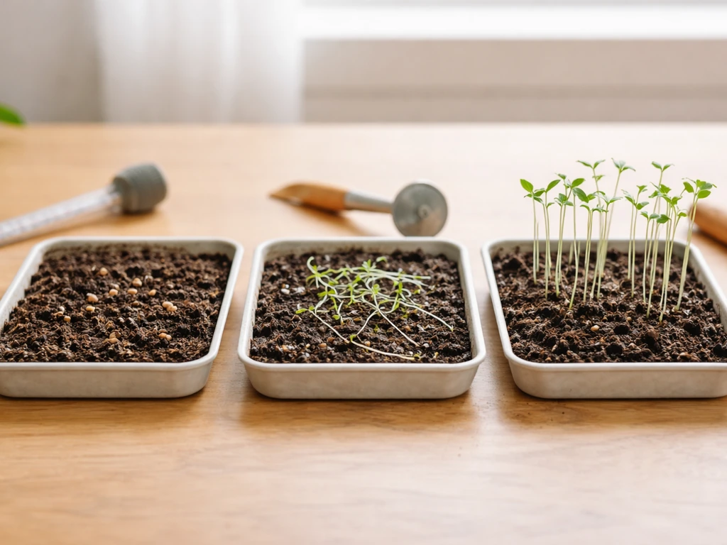 Three simple garden tray scenes showing failed germination, damping-off, and leggy crowded seedlings.