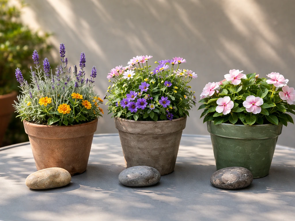 Row of potted flowers on a patio table with sunlit vs shaded light on a wall backdrop.