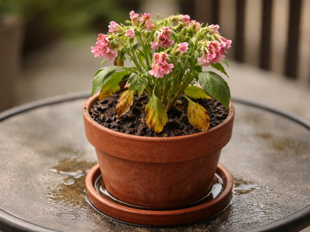 Wilted potted flowering plant with yellowing lower leaves and damp soggy soil near the base